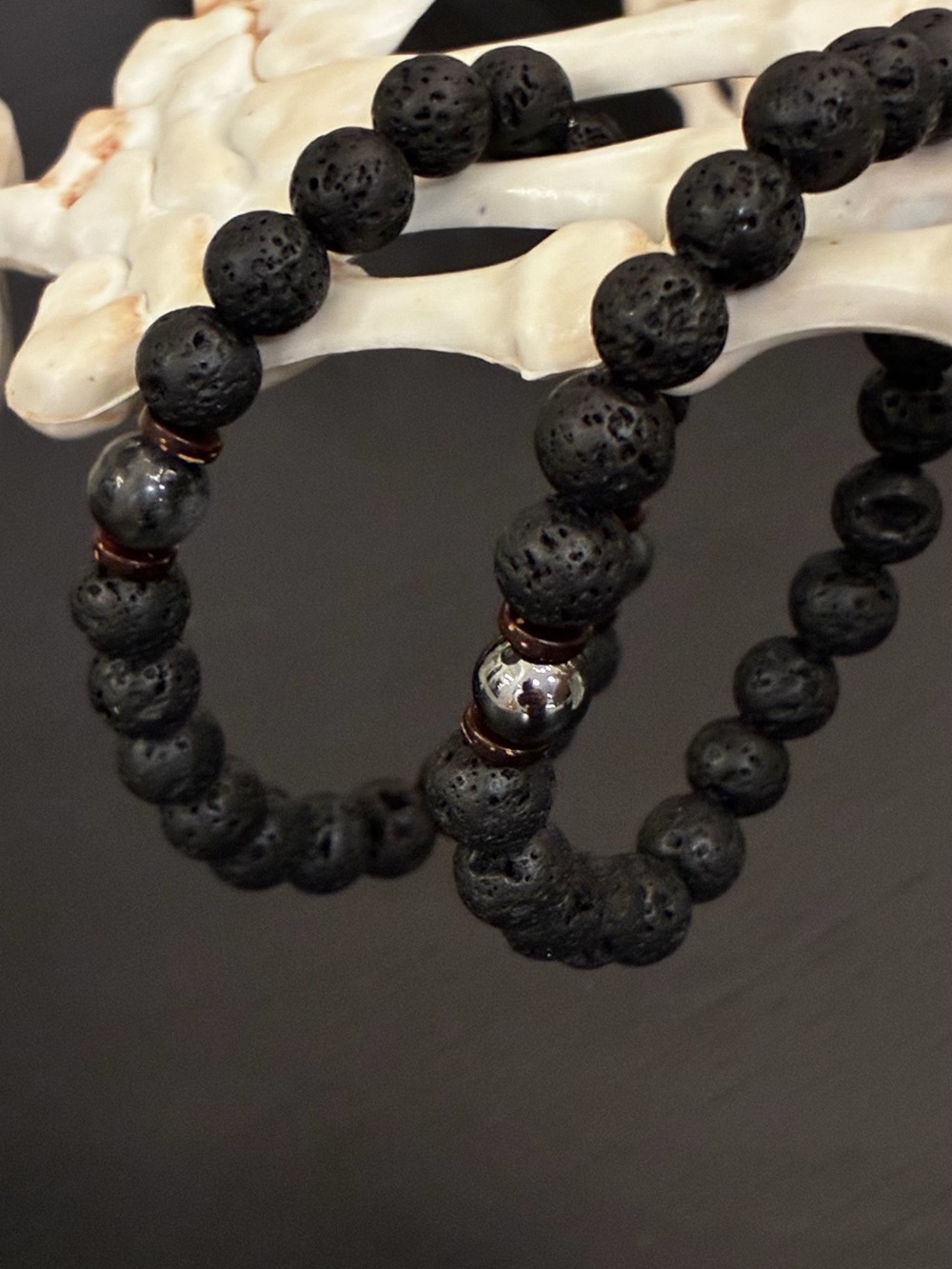 Set of 2 Men’s Black Lava Bead Stretch Bracelet with Hematite Accent 18.5-19.5cm